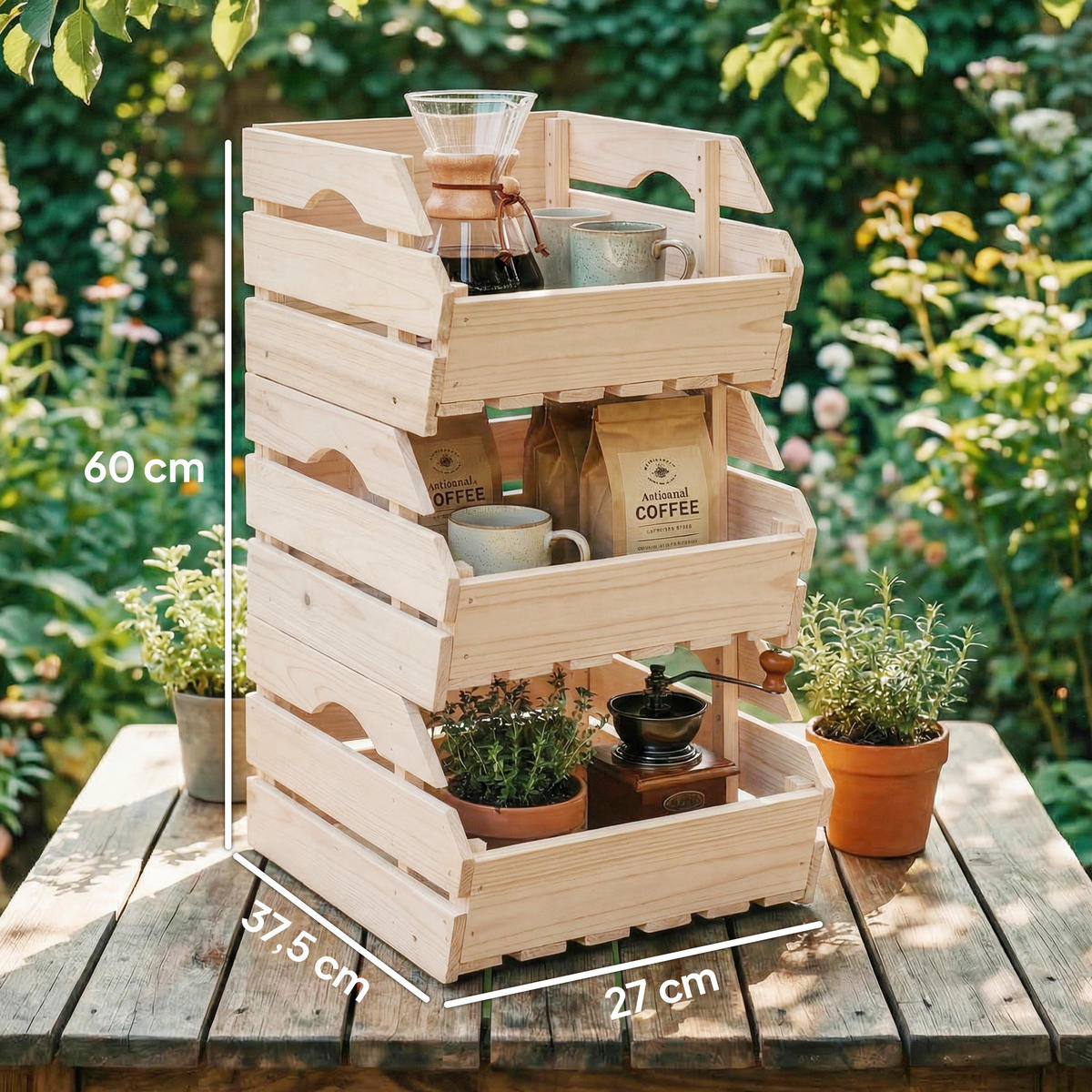 GARTENREGAL DE-16057 3-stöckig, abnehmbar Natur - Naturfarben, Holzwerkstoff (27/60/37.5cm) - ComfortXL