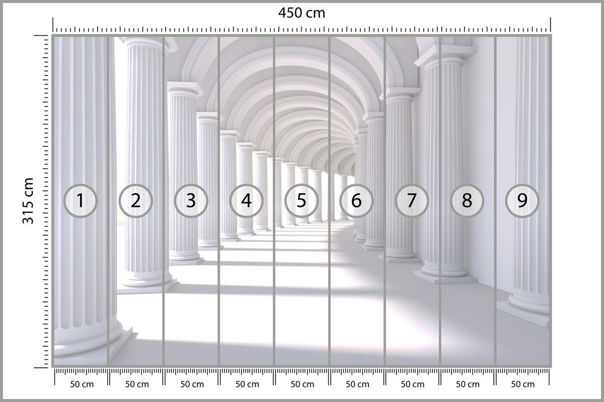 FOTOTAPETE für Wohnzimmer Räumlich Tunnel Historische Säulen 450x315 - Weiß/Grau, Papier (450/315cm) - Muralo