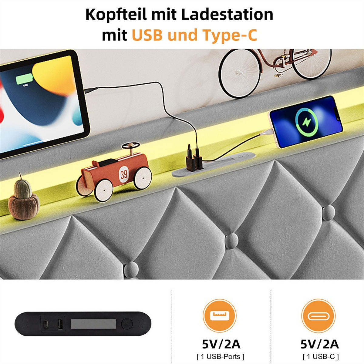 POLSTERBETT 140x200 cm mit hydraulischem Stauraum - Kopfteil Regal & LED - USB - ohne Matratze - Grau - Grau, Textil (140/200cm) - DELFA