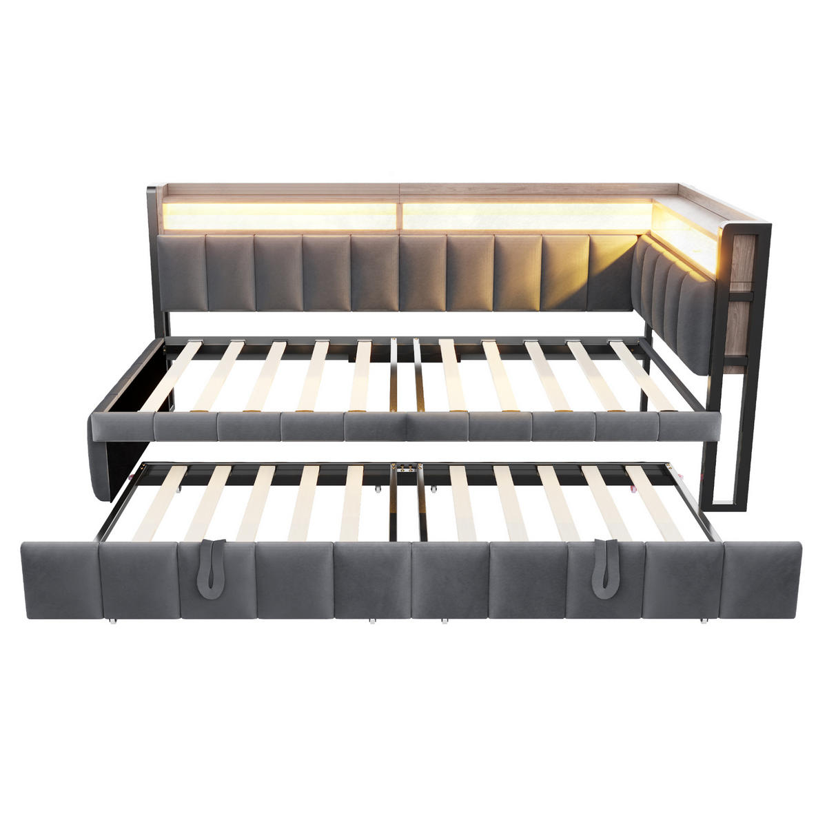 POLSTERBETT Schlafsofa aus Samt 90x200 cm Grau mit Ausziehbett, LED-Beleuchtung, USB- und Typ-C-Anschlüssen - Grau, Textil (90/200cm) - Modfu