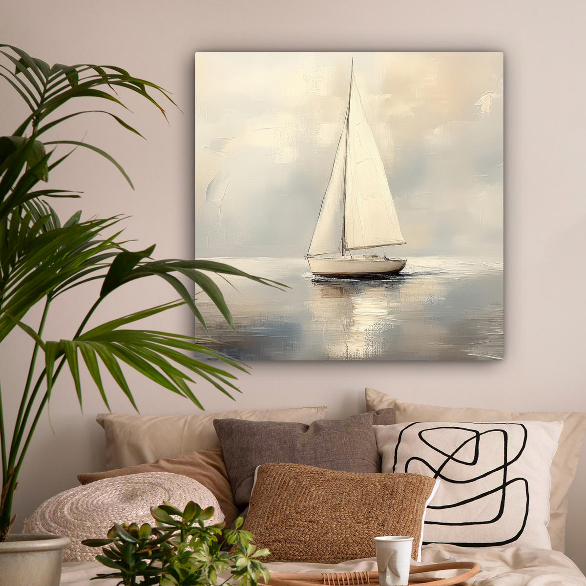 LEINWANDBILD Segelschiff - Meer - Bewölkt 90x90 cm - Creme, Textil (90/90cm) - MuchoWow
