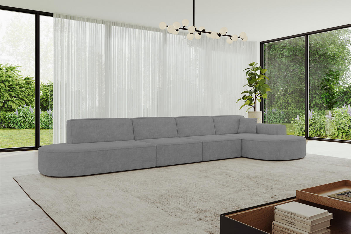 ECKSOFA Ottomane Rechts MARI-L3 - 413x171x79 cm Grau Velours - Schwarz/Grau, Holzwerkstoff/Kunststoff (171/413cm) - ALTDECOR