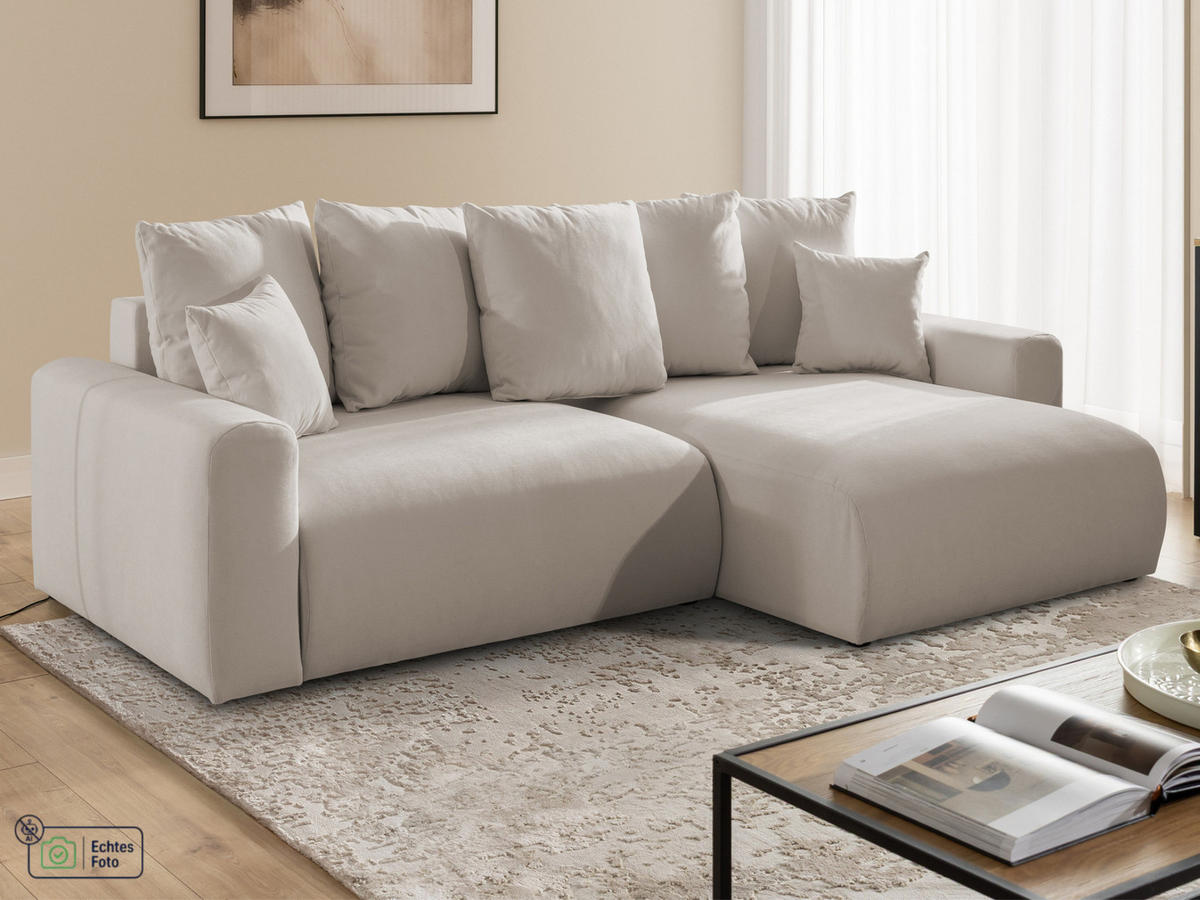 ECKSOFA Calma mit Schlaffunktion und Bettkasten im Bumpy-Design aus weichem Beige Webstoff - Ottomane rechts - Beige/Schwarz, Holz/Kunststoff (140/239cm) - S-Style