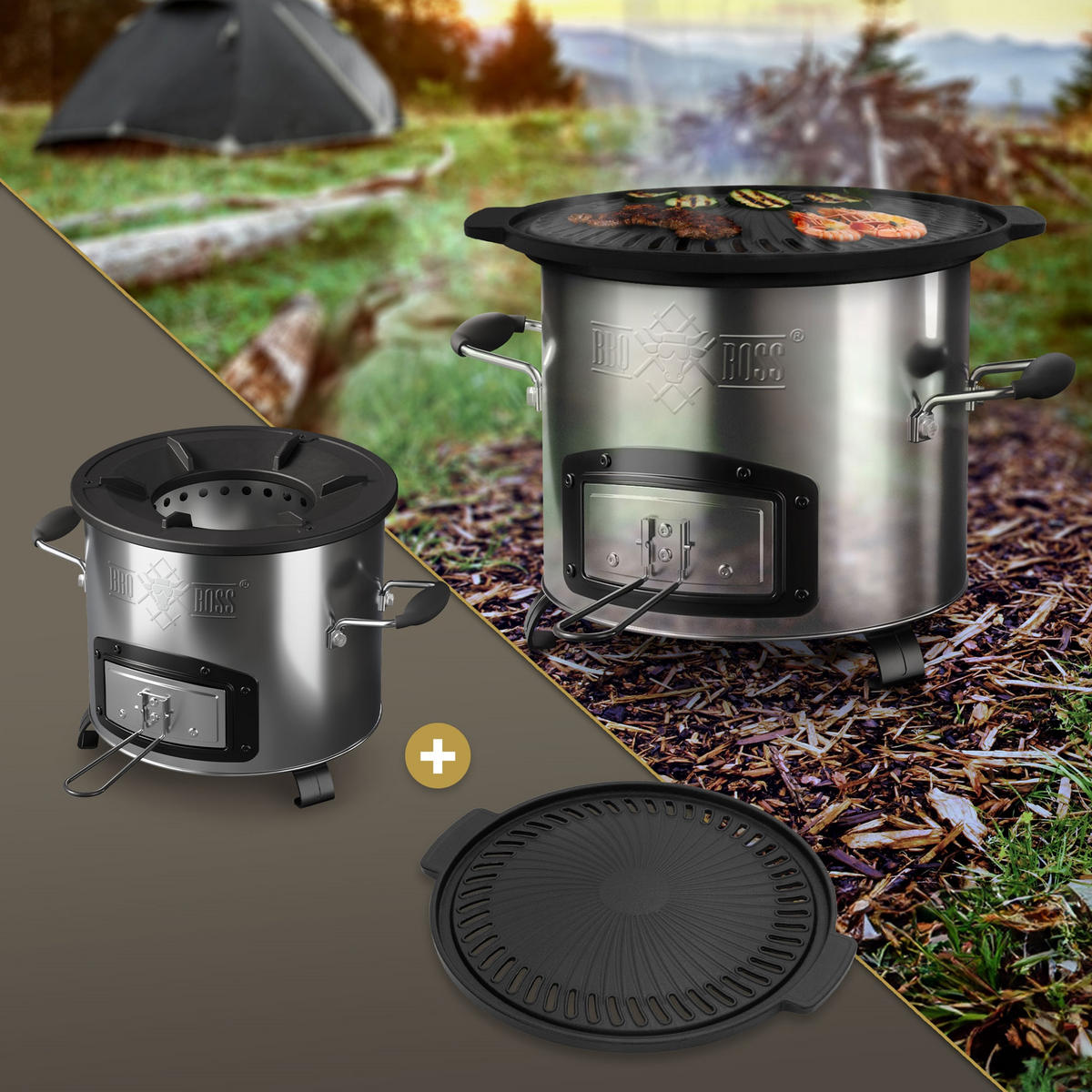 RAKETENOFEN mit Grillplatte Guss - Silberfarben, Metall (26/23/26cm) - BBQ Boss