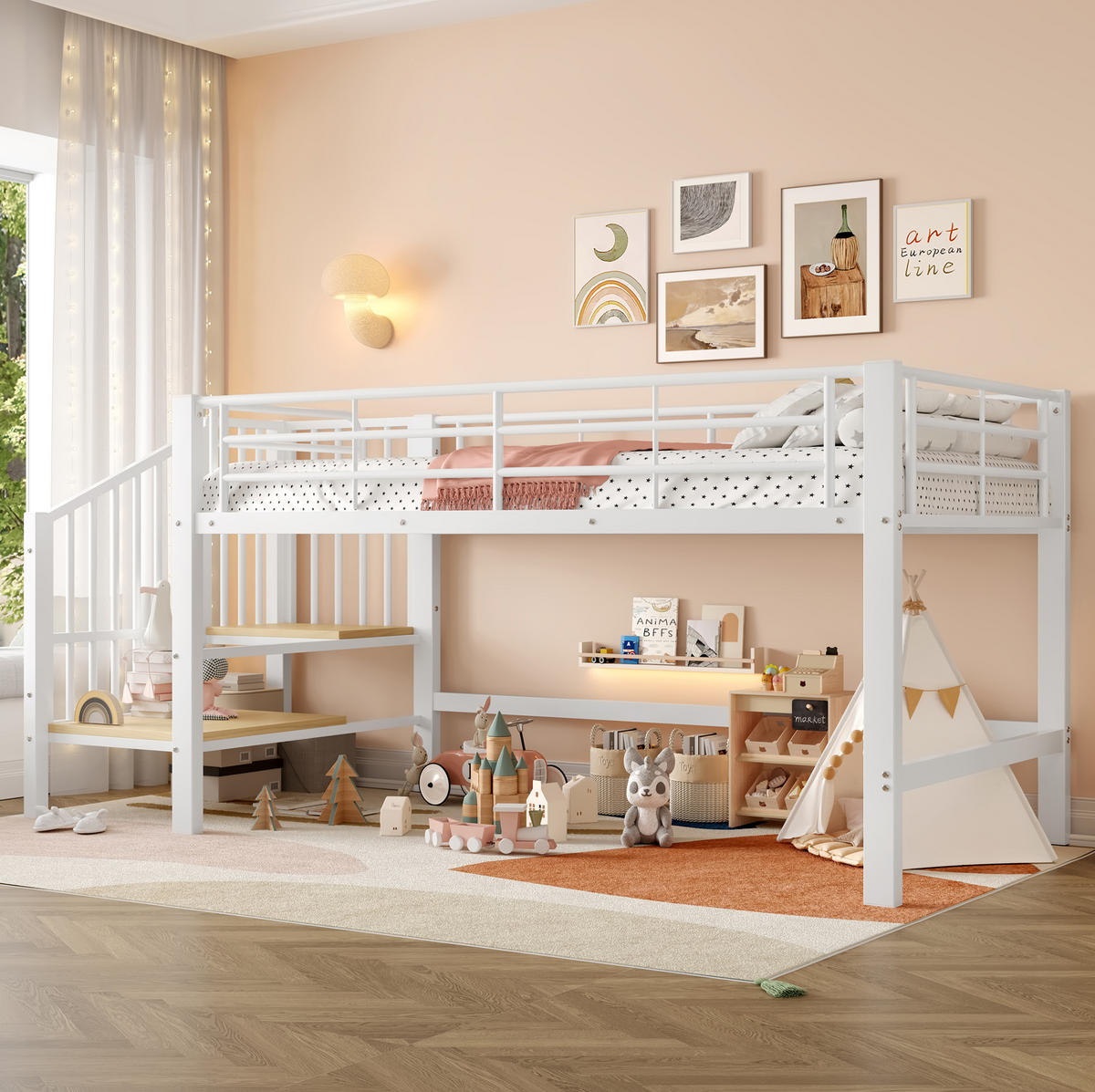 PATROVÁ postel 90/200 cm bílá, polovysoká, s úložnými schody z MDF a kovu - bílá, kompozitní dřevo (90/200cm) - OKWISH