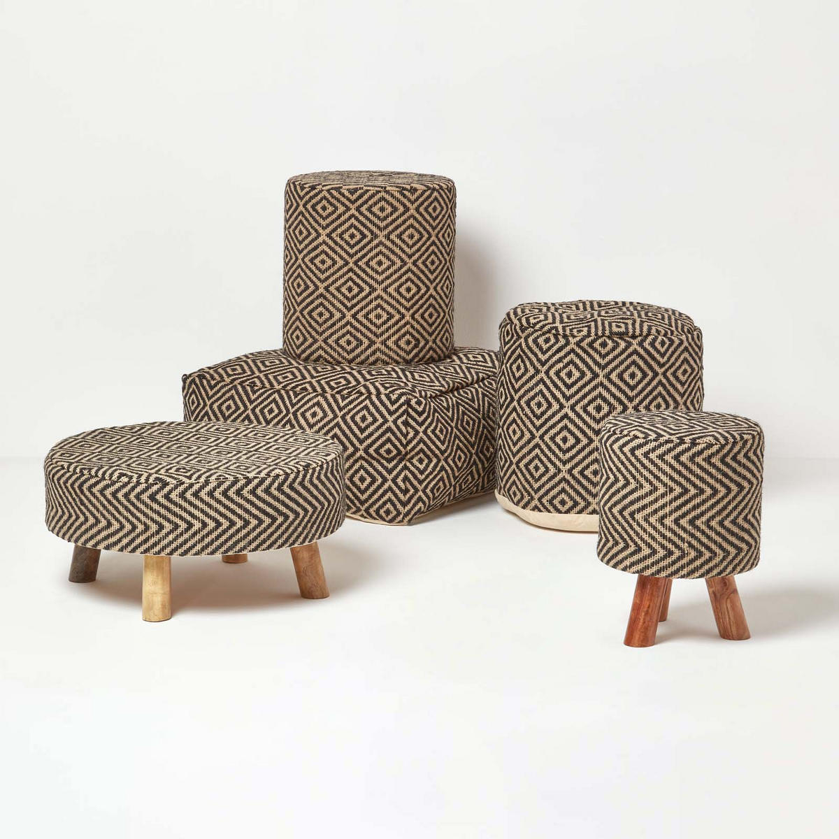 SITZPOUF rund mit Ethno-Muster, 40/40/45 cm - Schwarz, Textil (45/40/45cm) - Homescapes