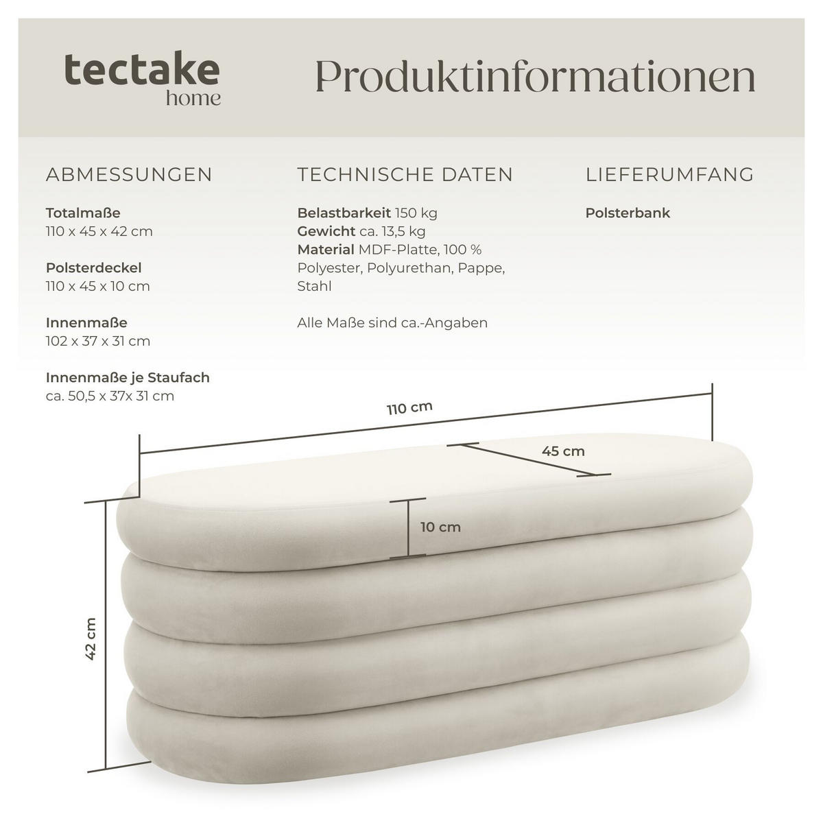 TRUHENBANK Altu,110 x 45 x 42 cm,Samtoptik creme-weiß - Weiß/Samtahornfarben, Holz (110/42/45cm) - tectake