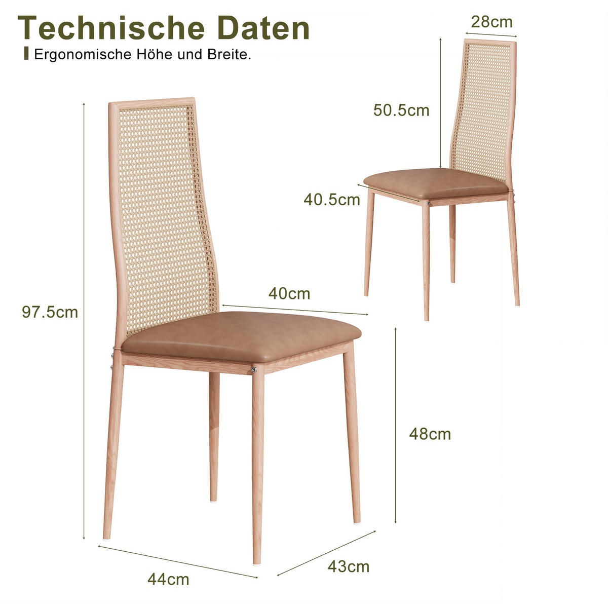 KÜCHENSTÜHLE 2er-Set mit Rattanlehne, Kunstleder & schwarzen Beinen - Ecru, Holz (44/97.5/40cm)