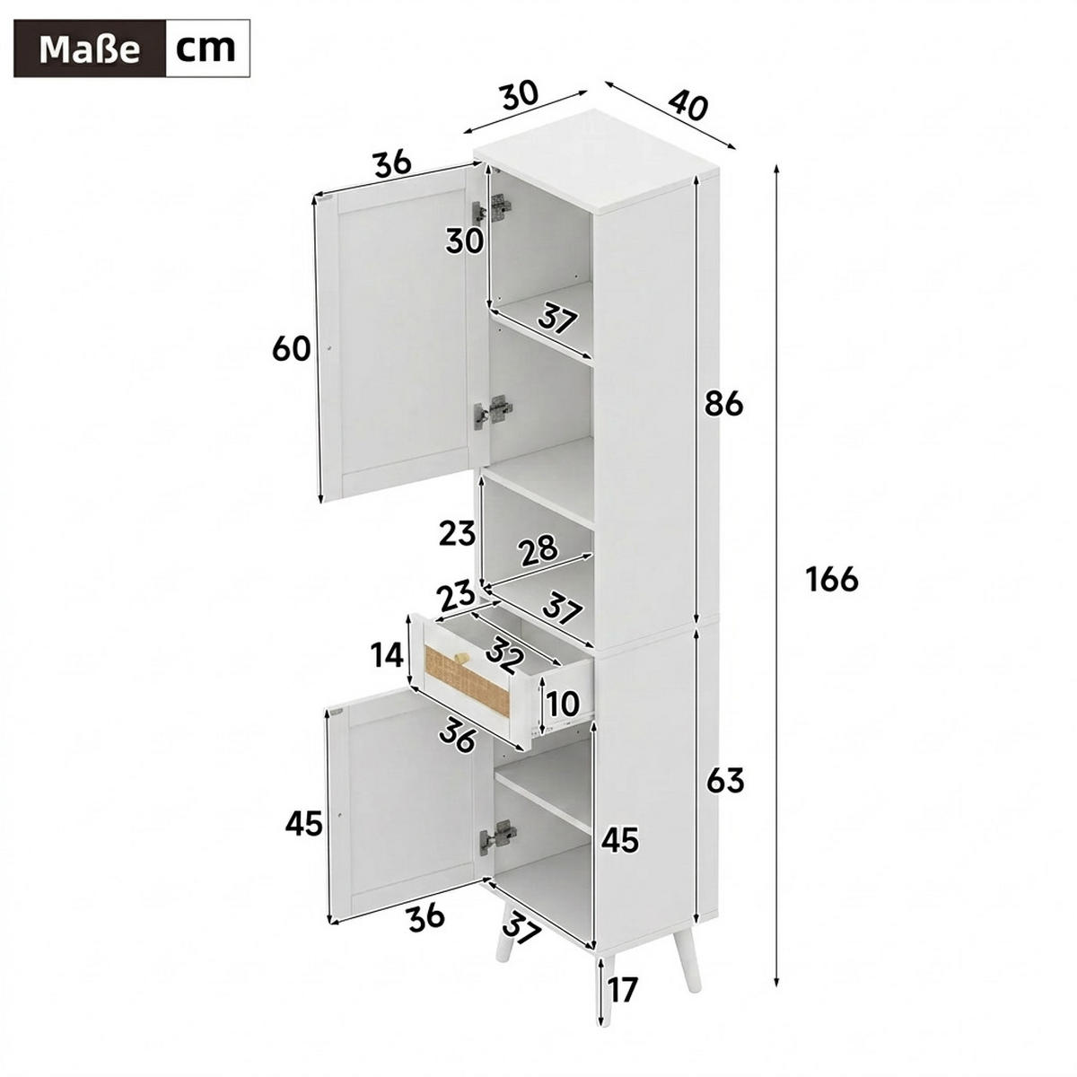 HOCHSCHRANK 40/30/166 cm Weiß mit 1 Schubladen - Weiß, Holz/Holzwerkstoff (30/166/40cm) - Oxeza