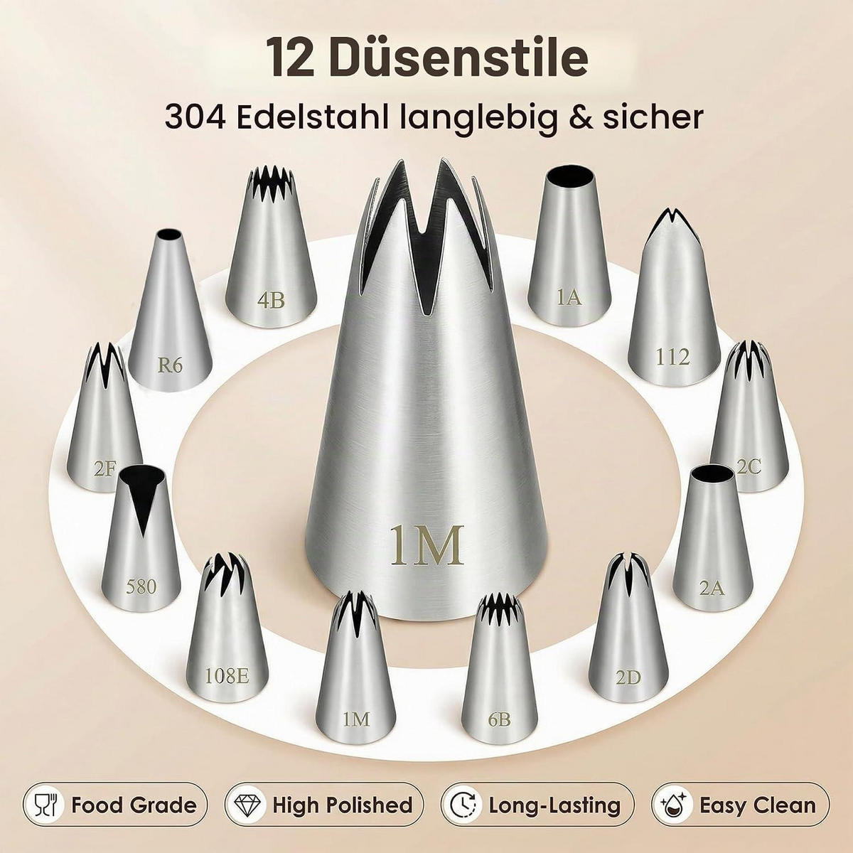 SPRITZTÜLLEN Set 12-teilig Edelstahl - Silberfarben, Metall (2.5/2.5/4.4cm)
