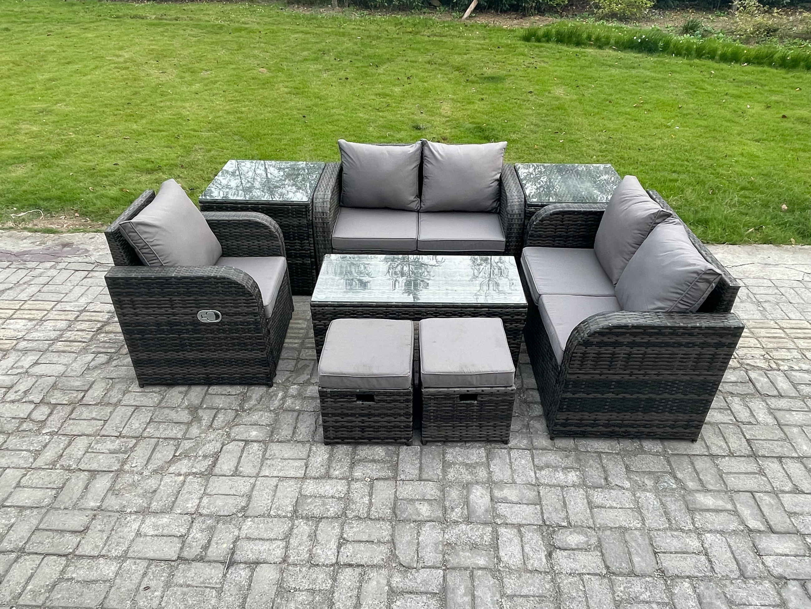 GARTENSOFA SET mit rechteckigem COUCHTISCH Polyrattan 7-Sitzer Dunkelgrau - Dunkelgrau/Grau, Glas/Kunststoff - Fimous