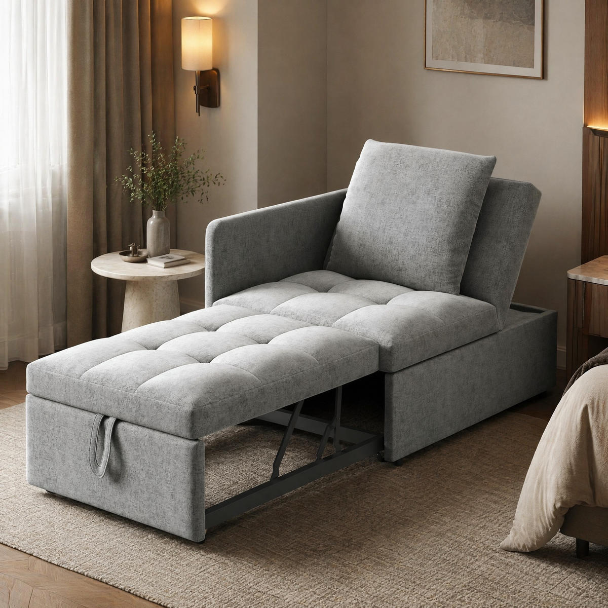 KLAPPBETT mit 3-in-1 Funktion, verstellbarer Rückenlehne und Kissen - Grau, Holz/Textil - EVRYAE