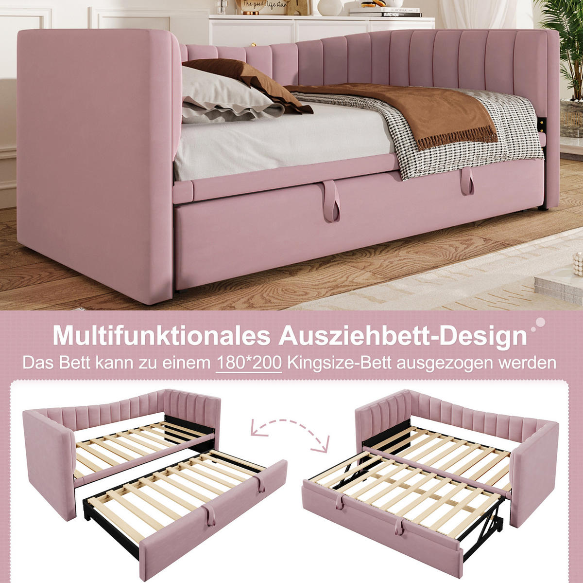 POLSTERBETT aus Samt und MDF 90x200 cm Rosa mit Ziehbett, ausziehbar auf 180x200 cm - Rosa, Textil (180/200cm) - Modfu