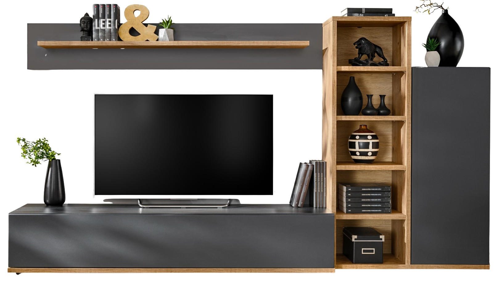 WOHNWAND grau, Wotan Eiche 240 cm, Schrankwand mit Push-to-Open - Eichefarben/Schwarz, Holzwerkstoff/Kunststoff (240/129/40cm) - Furn.Design