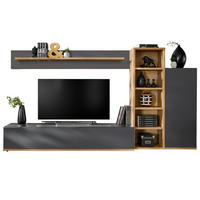WOHNWAND grau, Wotan Eiche 240 cm, Schrankwand mit Push-to-Open - Eichefarben/Schwarz, Holzwerkstoff/Kunststoff (240/129/40cm) - Furn.Design