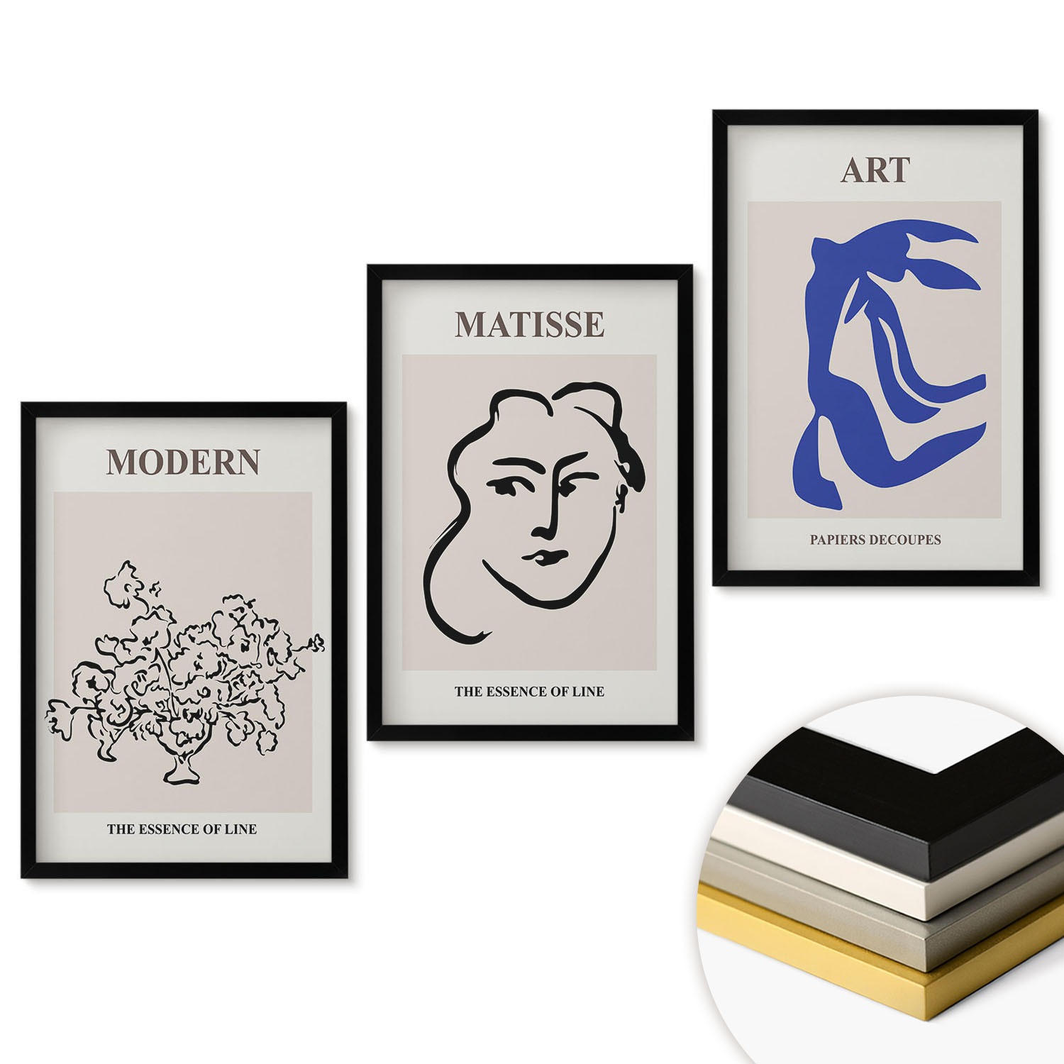 WANDBILDER 3er-Set - 40x60 cm Schwarzer Rahmen - Abstrakte minimalistische Poster - Schwarz, Kunststoff (40/60cm) - ArtPrintCave