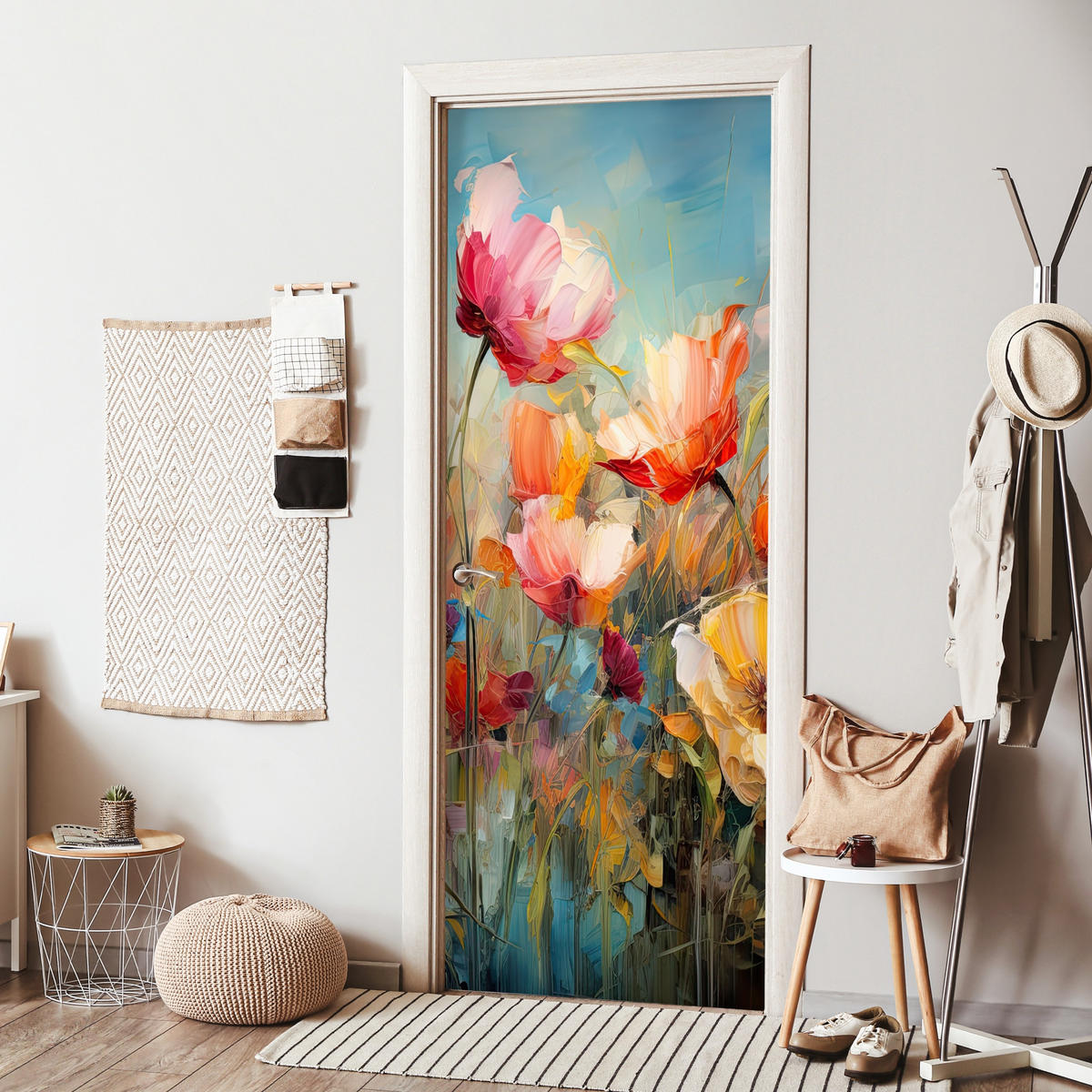 FOTOTAPETE Tür - Blumen - Aquarell - Kunst - Botanisch - Natur 95x235 cm - Orange, Kunststoff (95/0.1cm) - MuchoWow