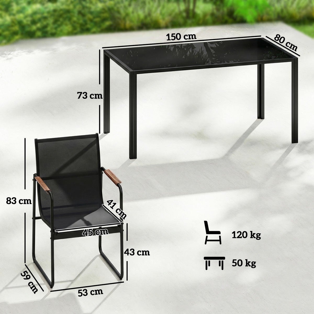GARTENMÖBELSET 7-teilig,Stahl-Glastisch+6 Texteline-Stühle,schwarz - Schwarz, Metall - Vallsero