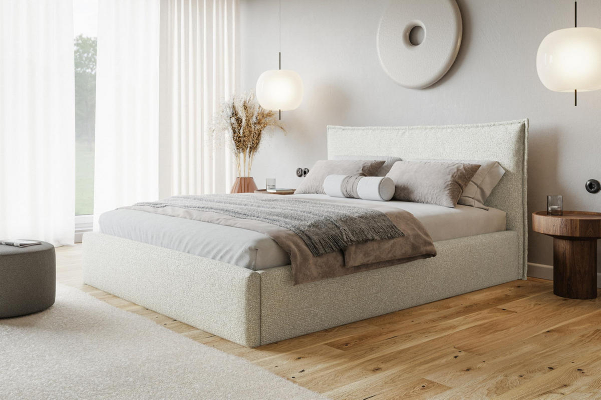 BETT 90x200 - Polsterbett mit Bettkasten und Holzrahmen - Modern Betten - Eleganter Puente-Stoff - Kollektion Rimini - Beige - Beige, Holz/Textil (90/200cm) - Alpi-Möbel