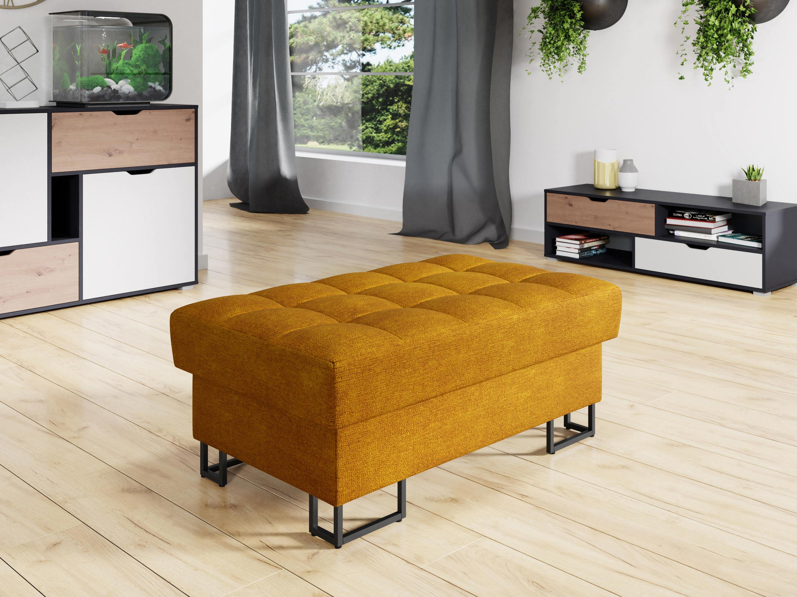 POLSTERHOCKER Laris - Currygelb/Schwarz, Holz/Textil (106/44/67cm) - MIRJAN24