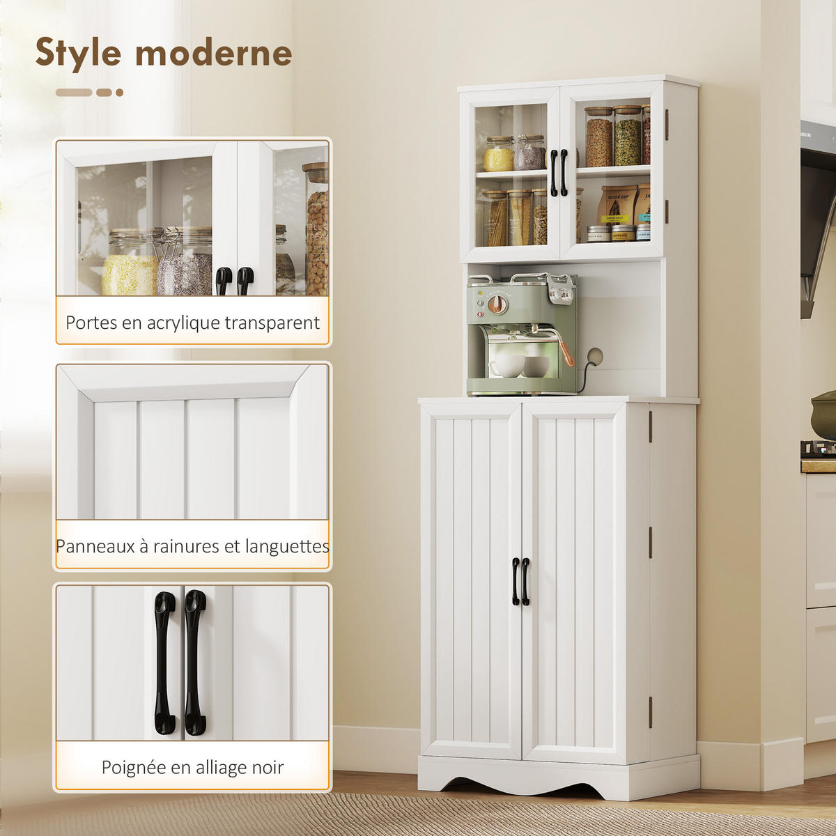 MEHRZWECKSCHRANK DE-11293 4 Türen & 8 Gewürzregale mit Arbeitsplatte Weiß - Weiß, Holzwerkstoff (39.5/179.6/60cm) - ComfortXL