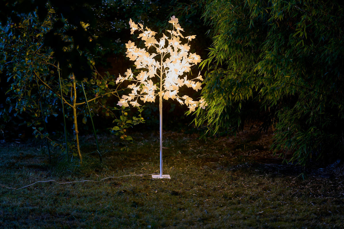 LED-BAUM mit 120 weißen Blüten und warmweißen LEDs, 150m hoch mit integriertem Timer und 5m Netzkabel, inkl. Heringe - Weiß, Kunststoff (60/60/150cm) - Northpoint