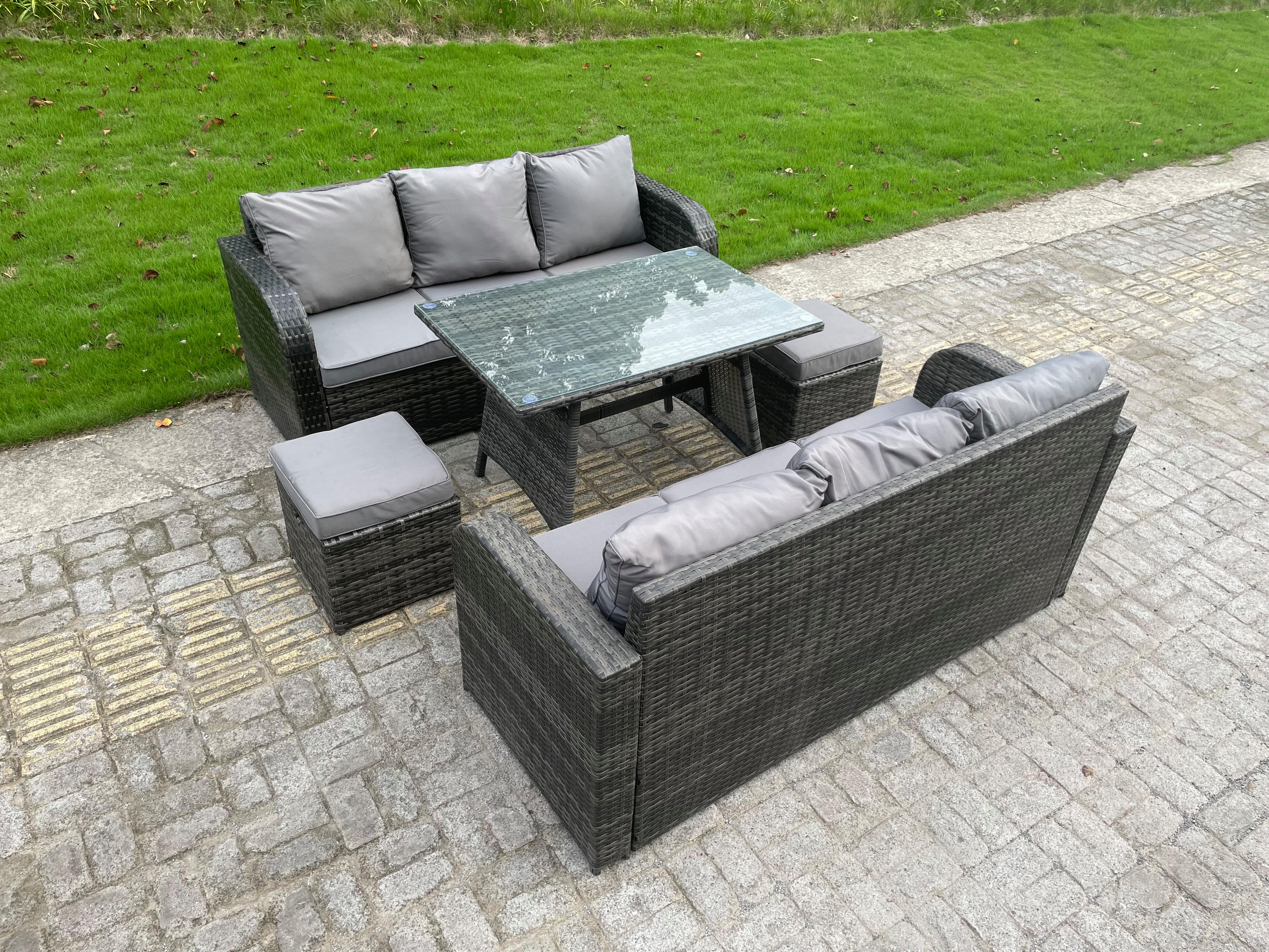 GARTENMÖBEL SET PE Polyrattan 8-Sitzer Grau - Dunkelgrau/Grau, Glas/Kunststoff - Fimous