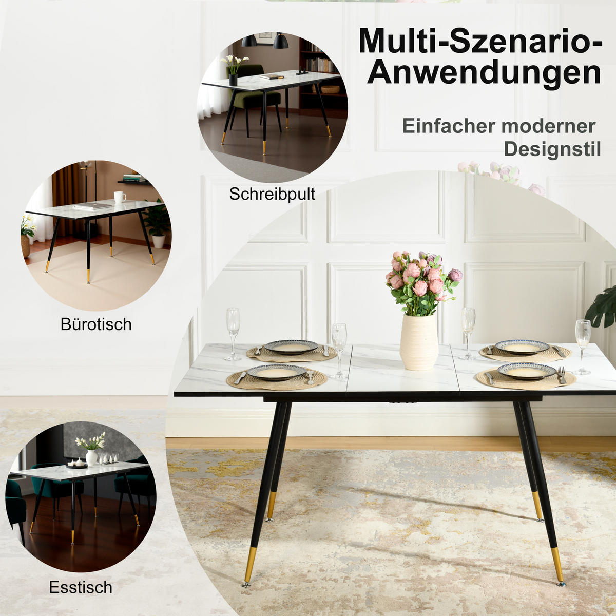 ESSTISCH Weiß Marmormuster rechteckig ausziehbar 120-160/80/75cm - Goldfarben/Schwarz, Holz/Metall (80/120/75cm) - Urban Meuble