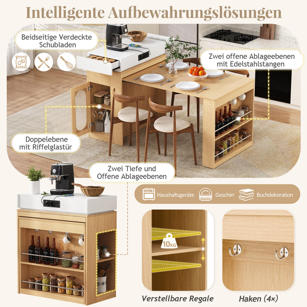 KÜCHENINSEL 83/46-146,5/96 cm natur aus MDF mit ausziehbarer Klappplatte und Steckdosen - Naturfarben, Holzwerkstoff (83/96/46cm) - OKWISH