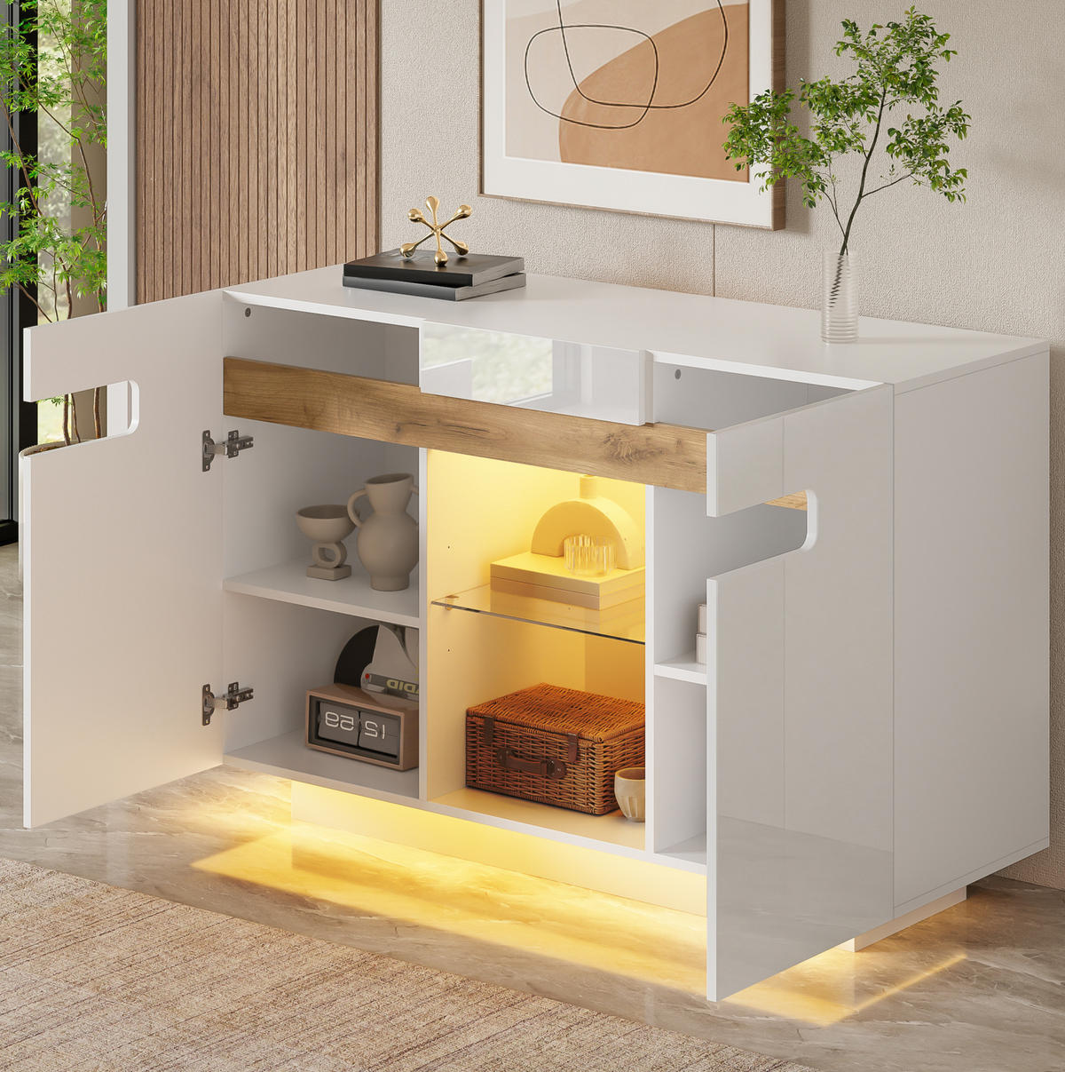 SIDEBOARD in Weiß und Naturholzoptik 120x40x80 cm mit LED-Beleuchtung und Glasablagen - Weiß, Holzwerkstoff (40/80/120cm) - IVMEU