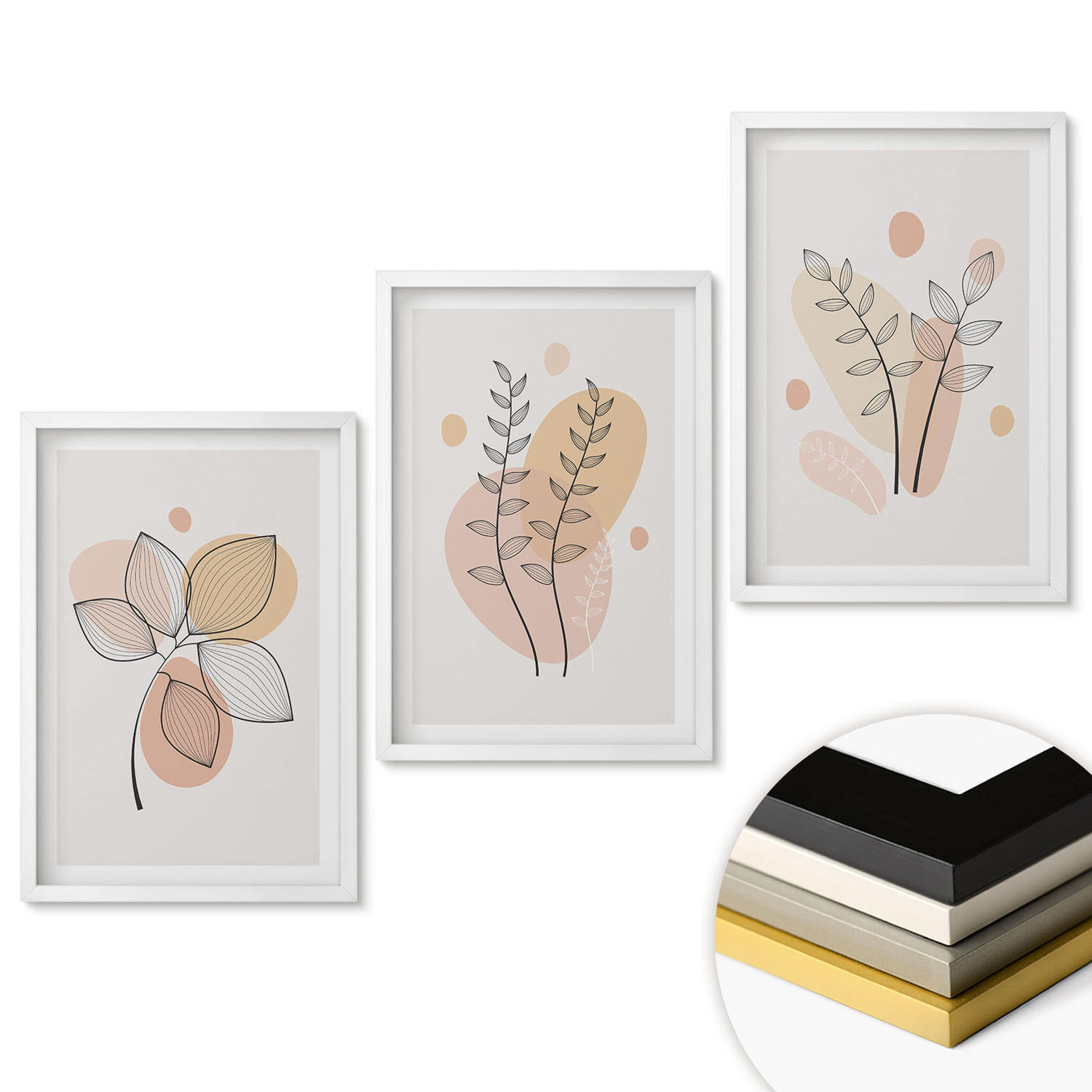 WANDBILDER 3er-Set - 40x60 cm Weißer Rahmen - Pastellfarbene Pflanzenzeichnungen - Weiß, Kunststoff (40/60cm) - ArtPrintCave