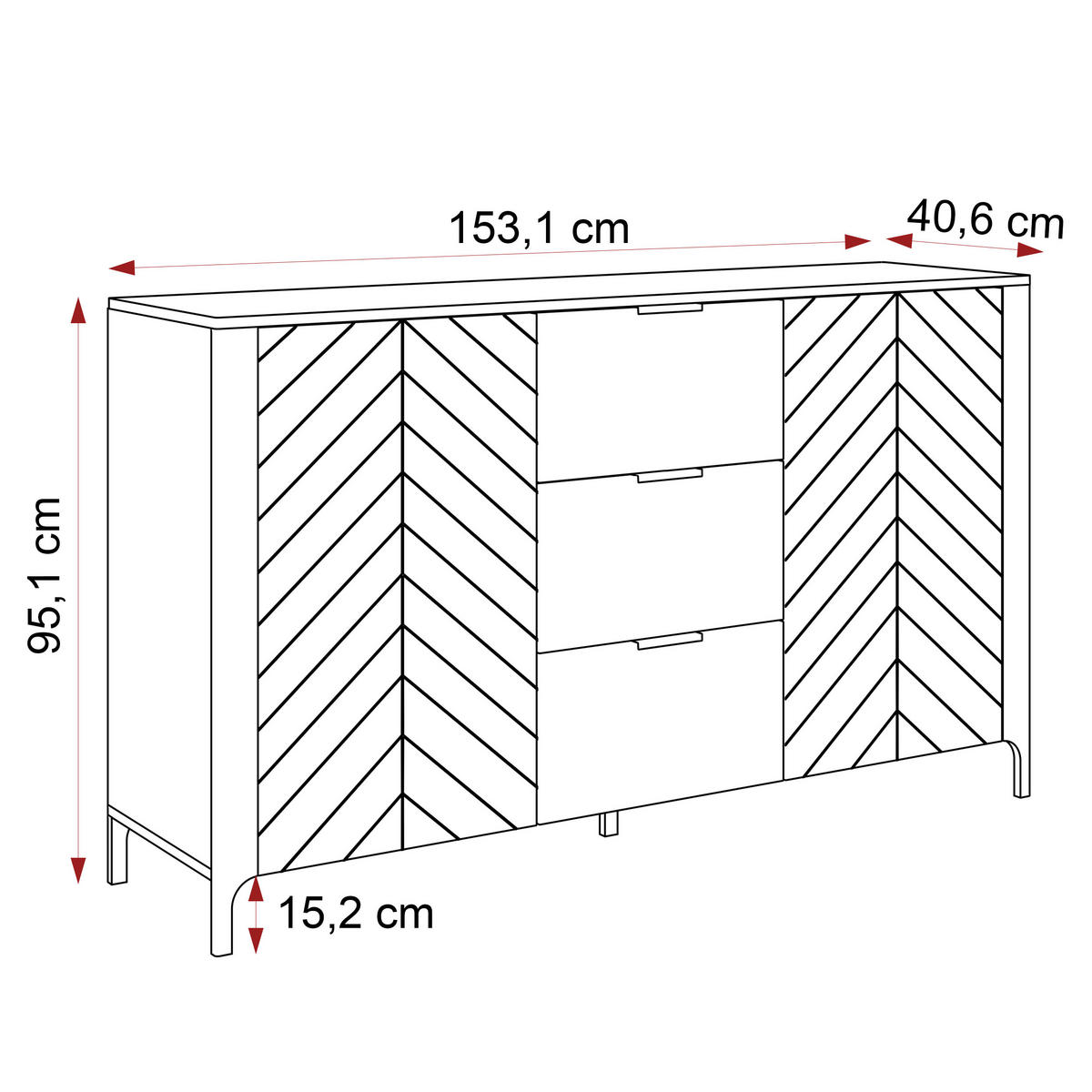 KOMMODE LORIEN 153 cm, 3 Schublade(n) Schwarz - Schwarz, Holzwerkstoff/Metall (153.1/95.1/40.6cm) - Idohome