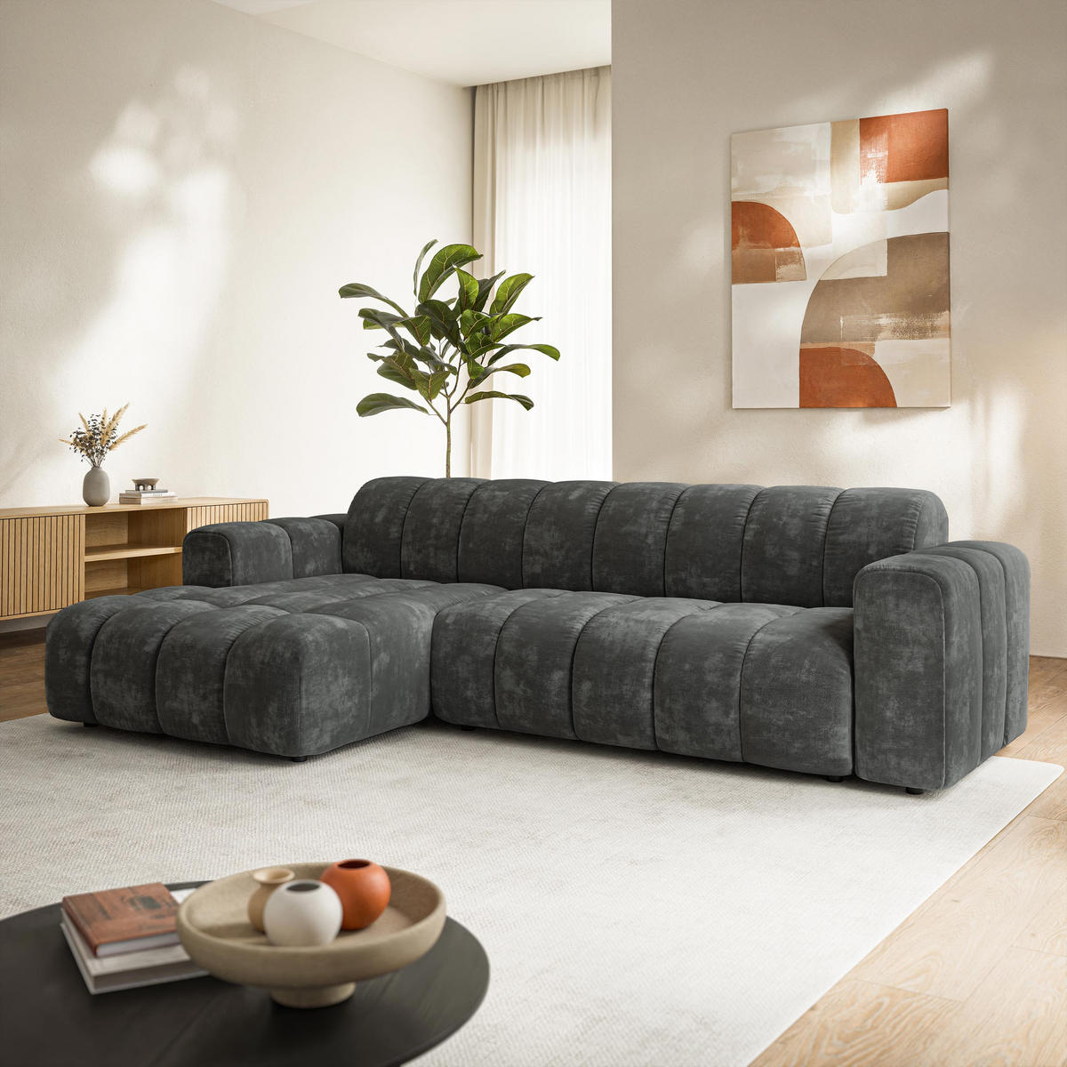 ROHOVÁ Sedačka SETIA LUMO 75, Šedá - šedá/černá, dřevo/textil (304/165cm) - MASSENO