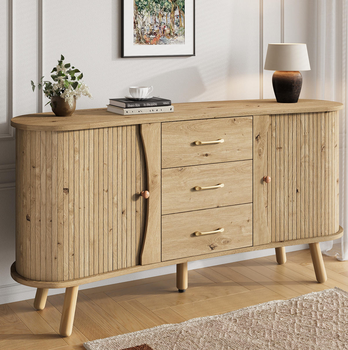 SIDEBOARD 150/36,5/75 cm Natur aus MDF mit Schiebetüren und Schubladen - Naturfarben, Holzwerkstoff (36.5/75/150cm) - OKWISH