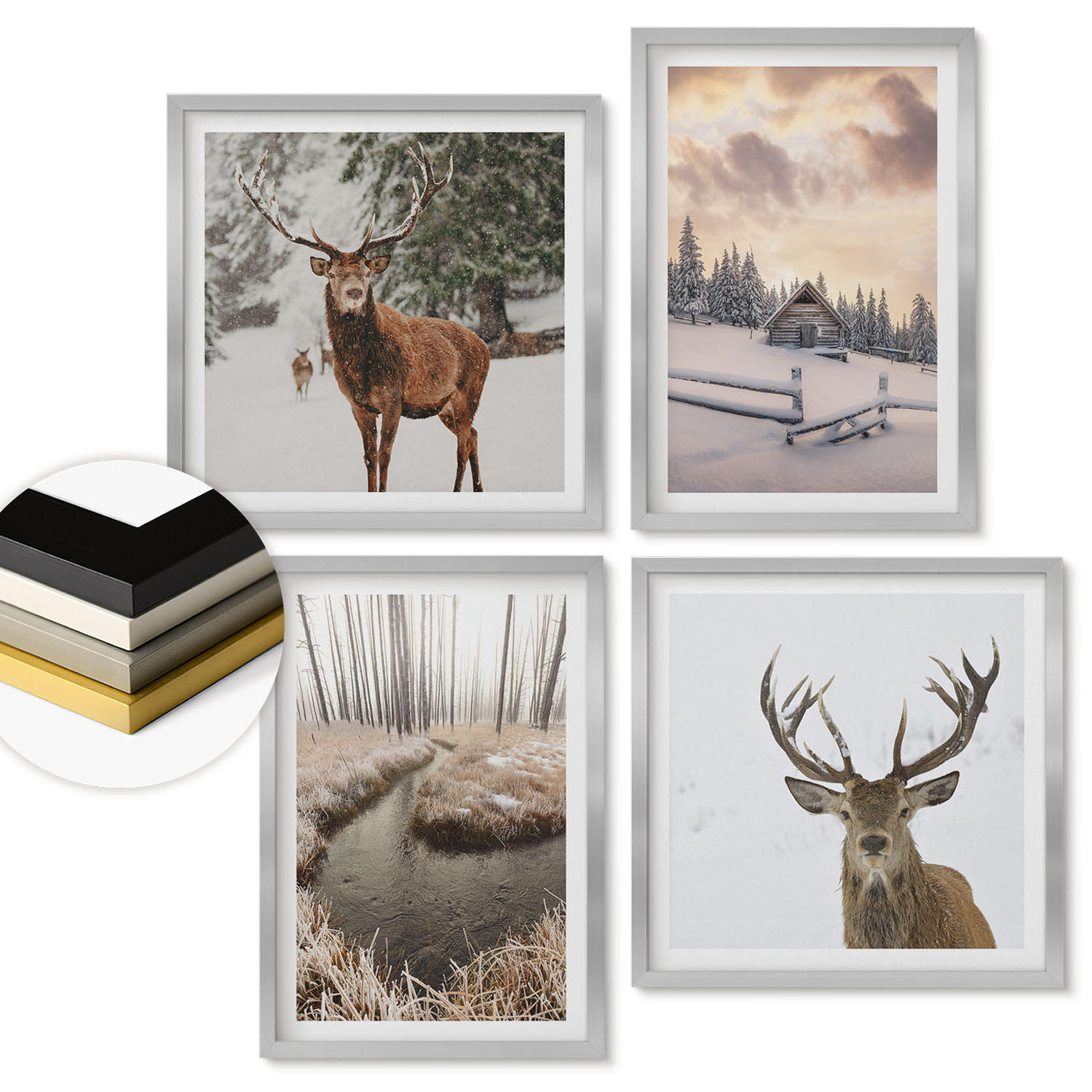 WANDBILDER 4er Set - 50x50 cm & 40x60 cm Silberner Rahmen - Winterlandschaft mit Hirschen - Silberfarben, Kunststoff (50/50cm) - ArtPrintCave