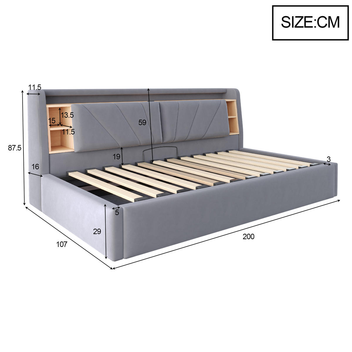 POLSTERBETT 90*200 cm mit LED, USB und Stauraum, Dunkelgrau - Grau, Textil (90/200cm) - FLIEKS