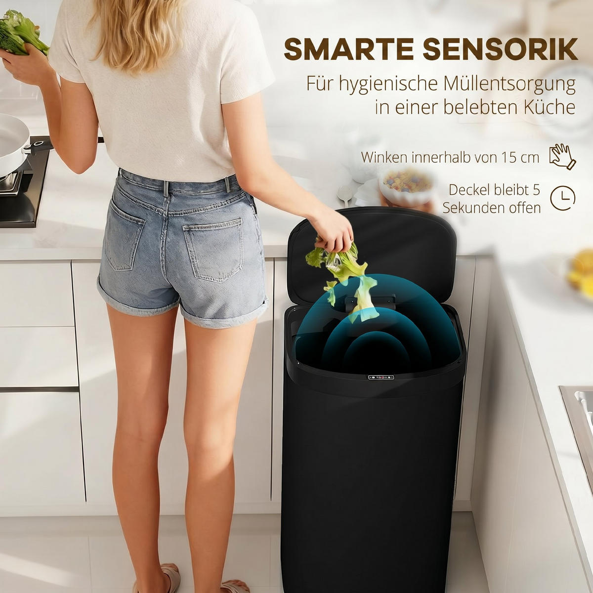 SENSOR-MÜLLEIMER Edelstahl Kunststoff Schwarz - Schwarz, Metall (28.5/69/38cm) - HOMCOM