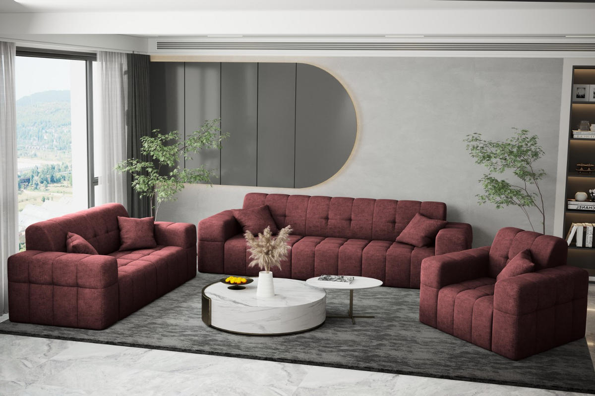 SITZGARNITUR 3+2+1 NIMES Stoff Perfect Harmony Rotwein - Rot, Holz/Textil (245/82/92cm) - Kaiser Möbel