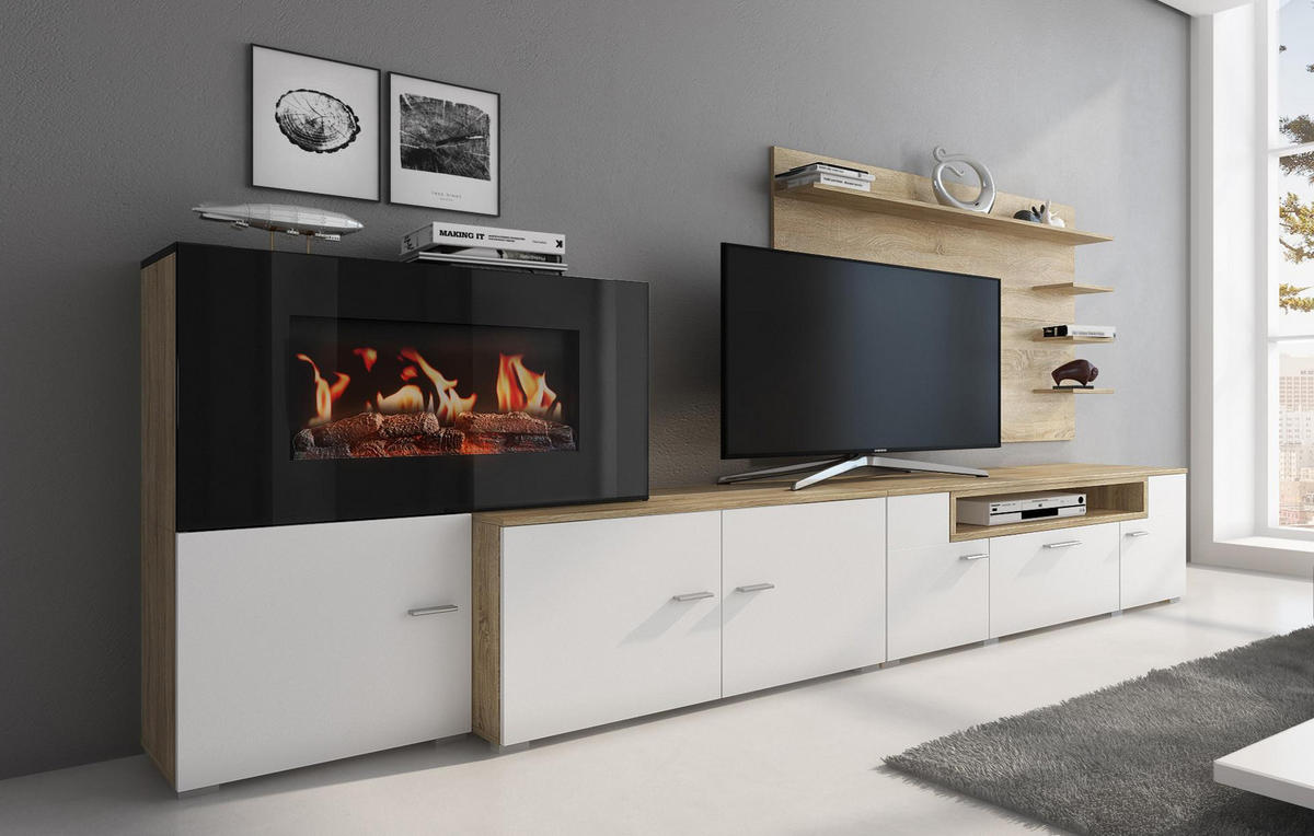 WOHNWAND Elektrokamin MattWeiß, Helle Eiche - Eichefarben/Weiß, Holzwerkstoff (290/170/45cm) - Skraut Home