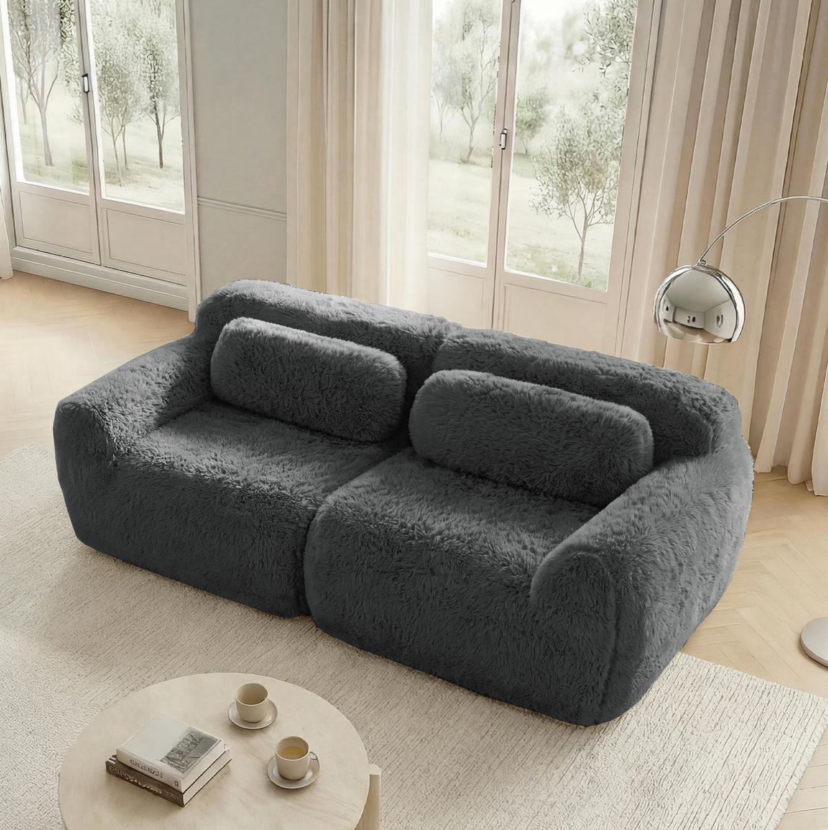 2-SITZER Sofa aus Plüschstoff, rahmenlos und modular mit Kissen, Grau - Grau, Textil (204/73/104cm) - Redom