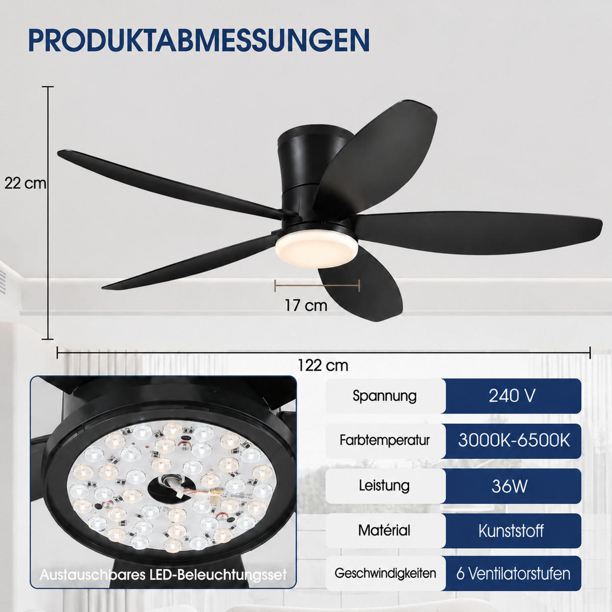 DECKENVENTILATOR Schwarz 122 cm mit LED und leisem DC-Motor - Schwarz, Kunststoff (122/122/22cm) - Surtime