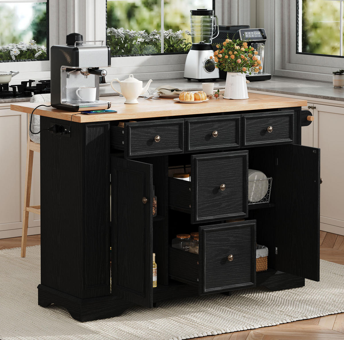KÜCHENINSEL 130,5/40-65/92 cm schwarz mit klappbarer Arbeitsplatte und Ladestation - Schwarz, Holzwerkstoff (130.5/92/65cm) - OKWISH