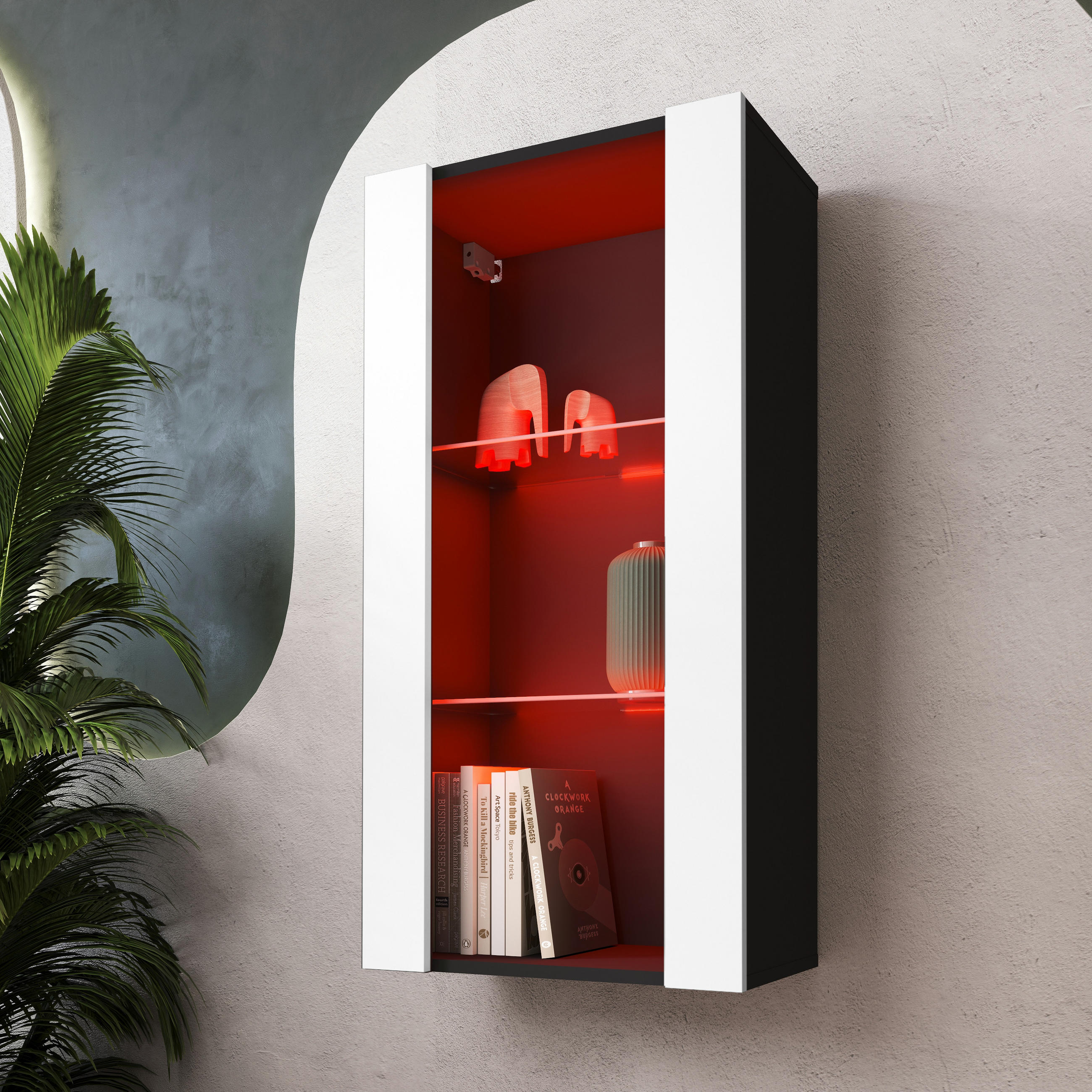 HÄNGEVITRINE TIVOLI Vertical 100, Weiss, LED Mehrfarbige - Schwarz/Weiß, Glas/Holzwerkstoff (50/100/29.5cm) - Komodee