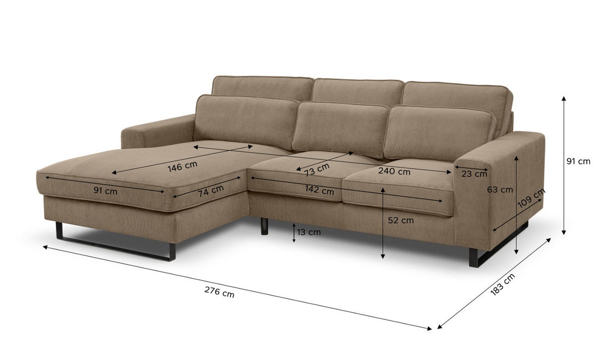 SOFA braun Cord 276 cm, Ecksofa 4-Sitzer, L-Sofa Ottomane links - Schwarz/Braun, Holz/Textil (276/183cm) - Inn.Furn