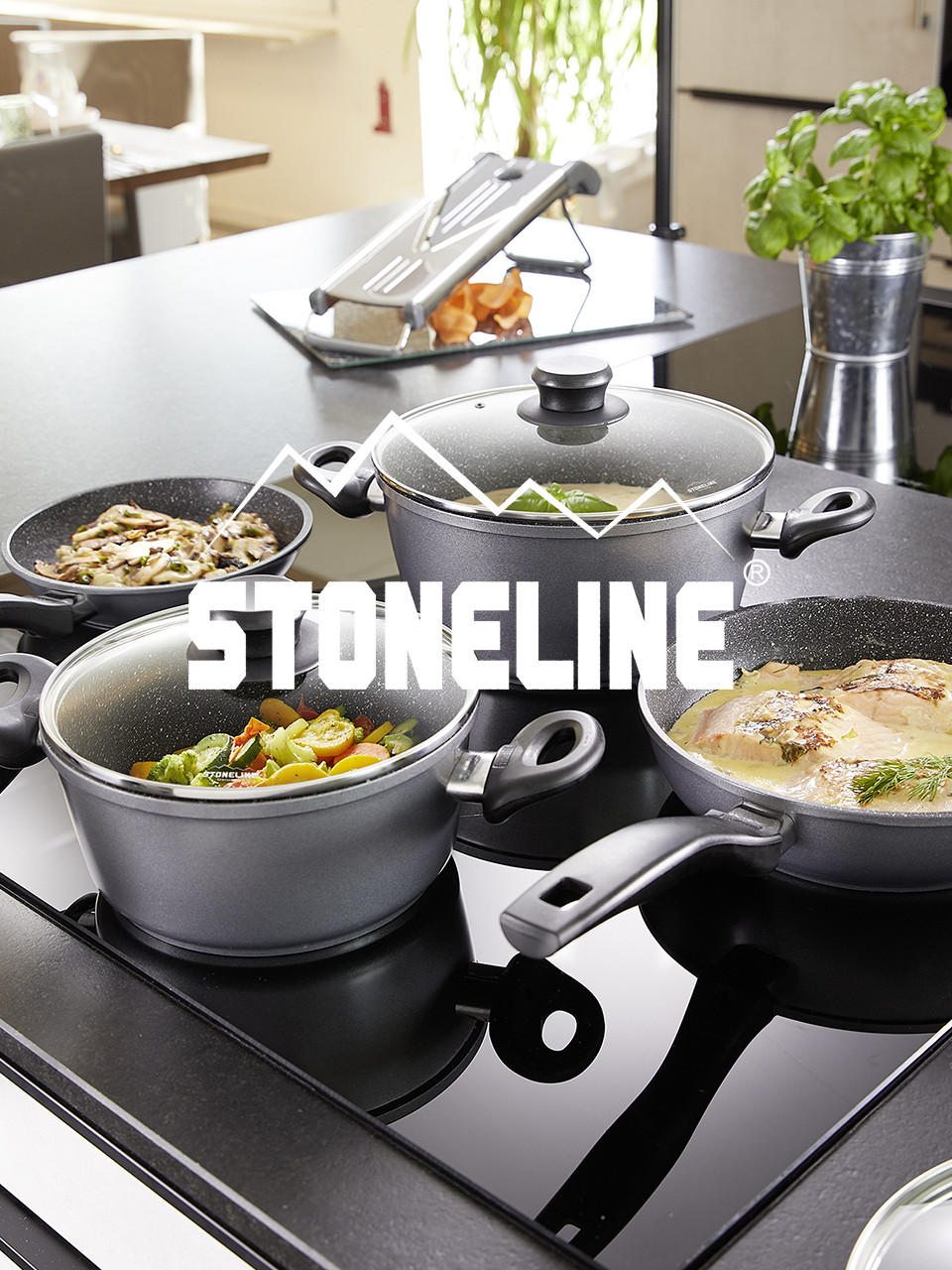 Stoneline Töpfe und Pfannen auf Herdplatte