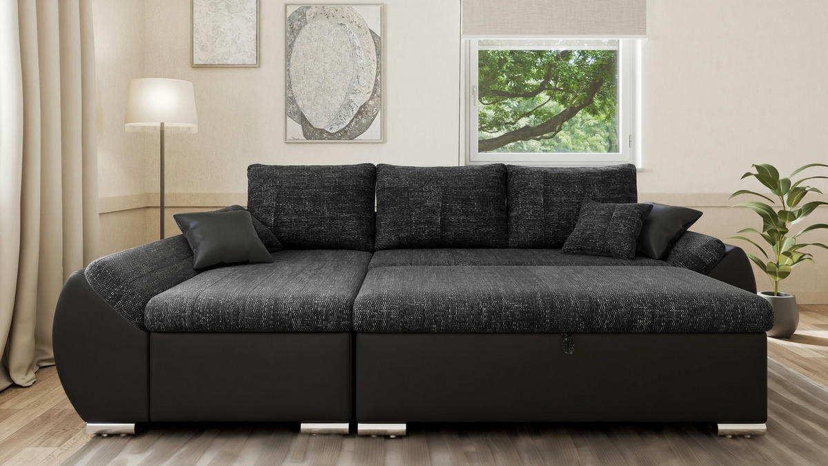 ECKSCHLAFSOFA ALEX – Schwarz (Lawa 06 + Soft 11) + Hocker - Links - Schwarz, Holzwerkstoff/Metall (275/155cm) - Möblo