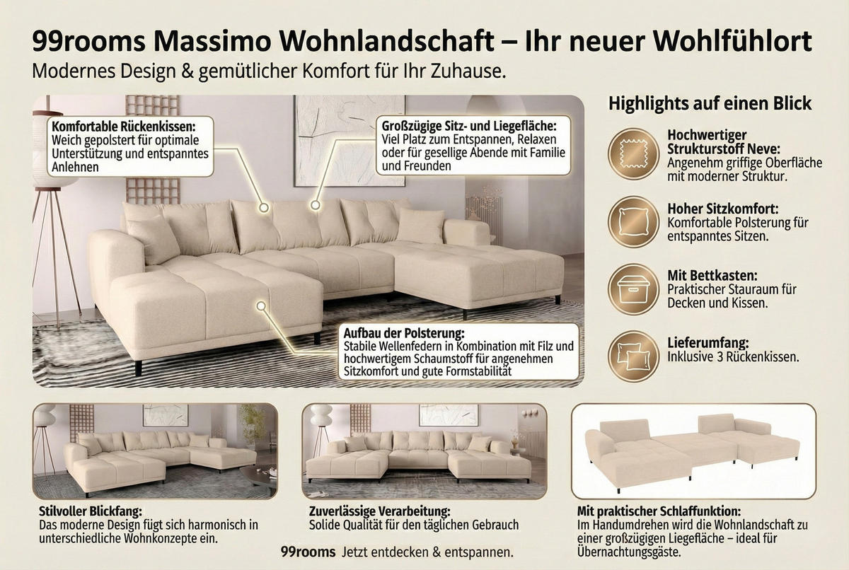 WOHNLANDSCHAFT Strukturstoff Anthrazit inkl. Schlaffunktion - Anthrazit/Schwarz, Textil/Metall (348/94/181cm) - 99rooms