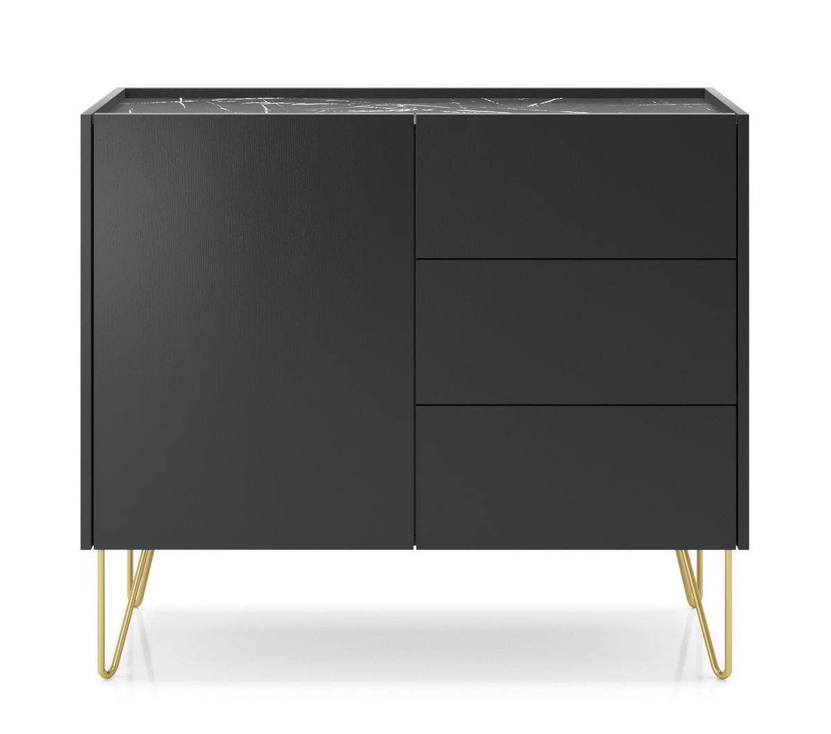 KOMMODE 97 Olven mit 3 Schubladen, goldene Beine, Schwarz - Goldfarben/Schwarz, Holz/Metall (97/83/37cm) - Emporius