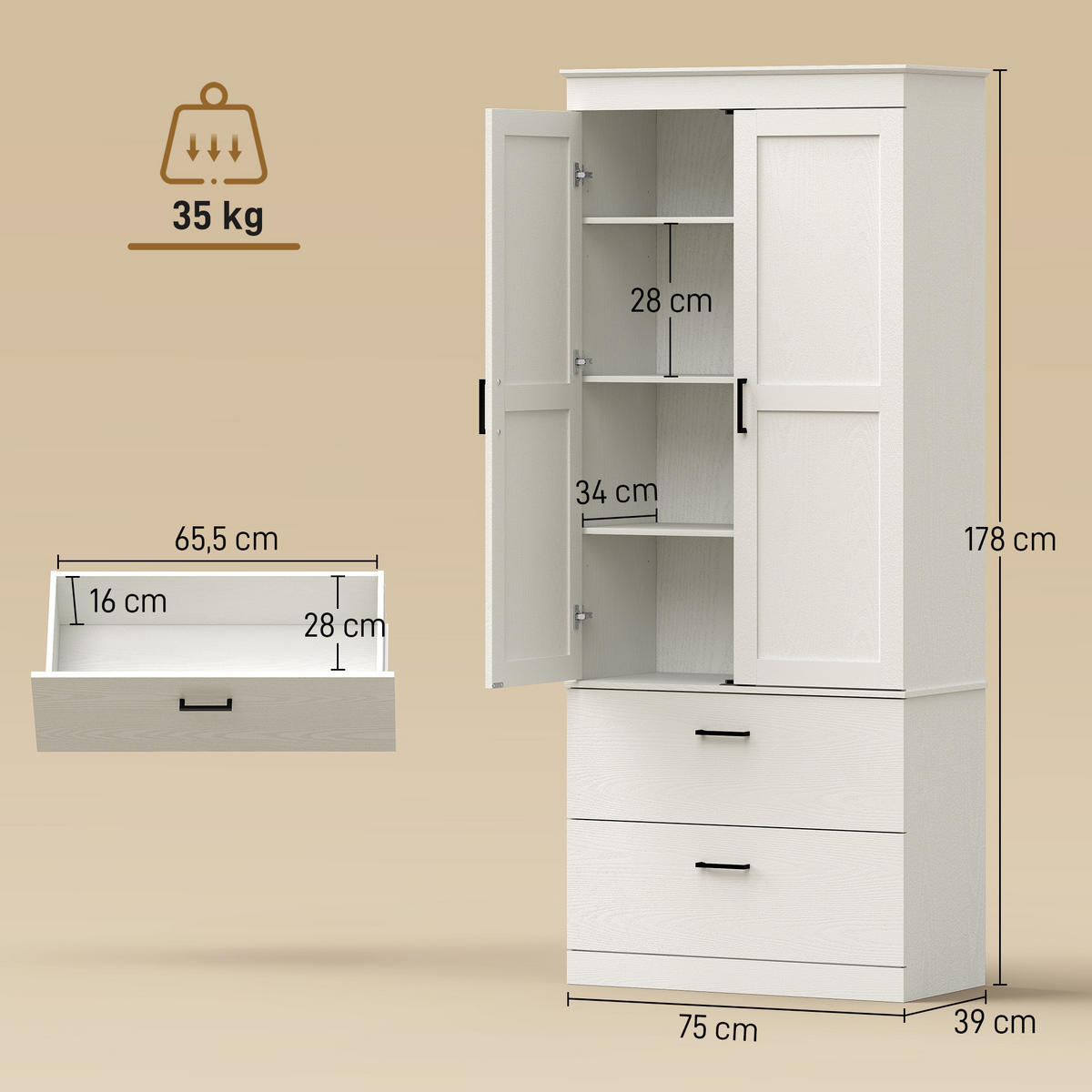 KÖKSSKÅP i spånskiva, krämvit - Cremefärgad/Svart, Träbaserade material/Plast (39/178/75cm) - HOMCOM