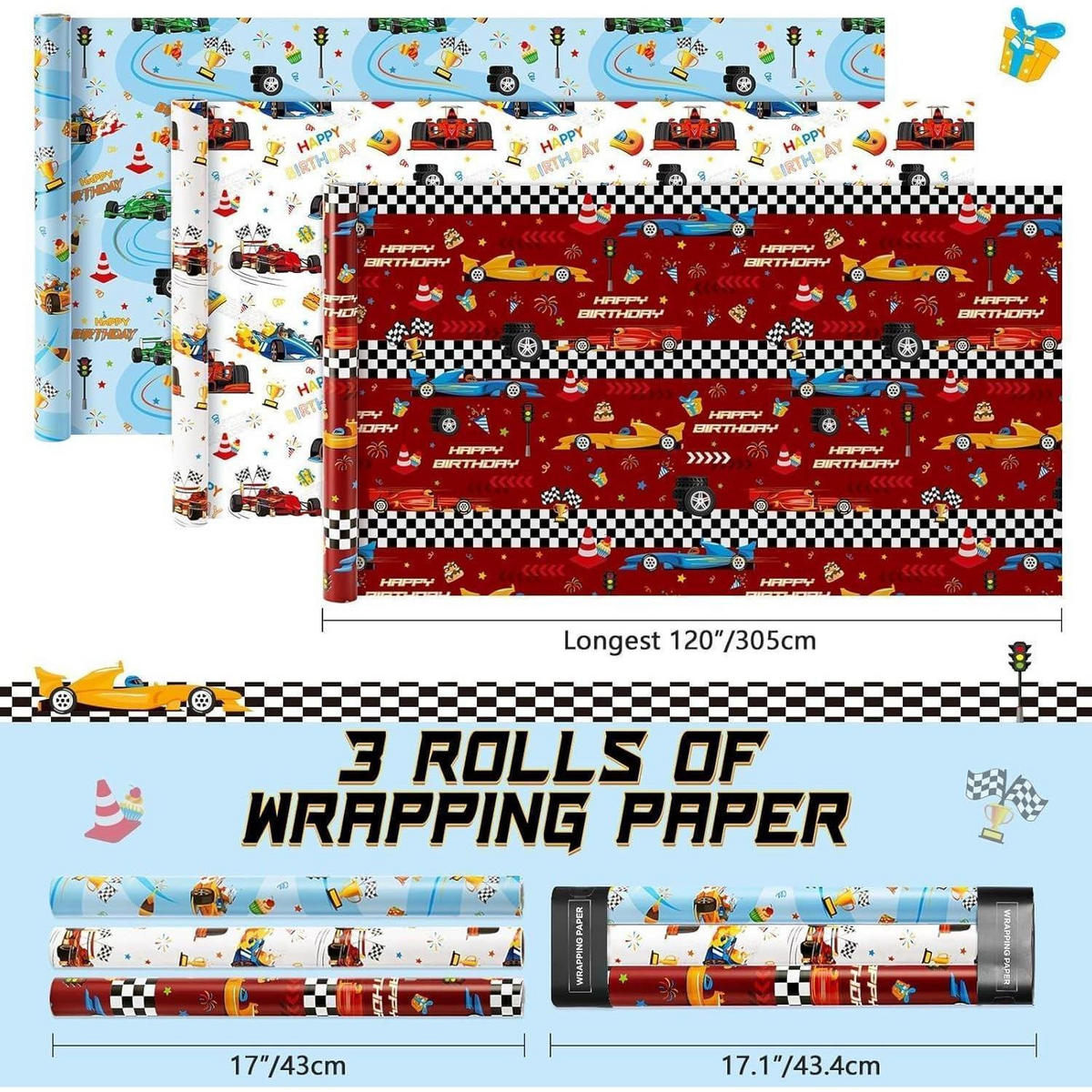 GESCHENKPAPIER 3er Set Rennauto 43 cm x 3 m - Multicolor, Papier (0.1/0.1/0.1cm)